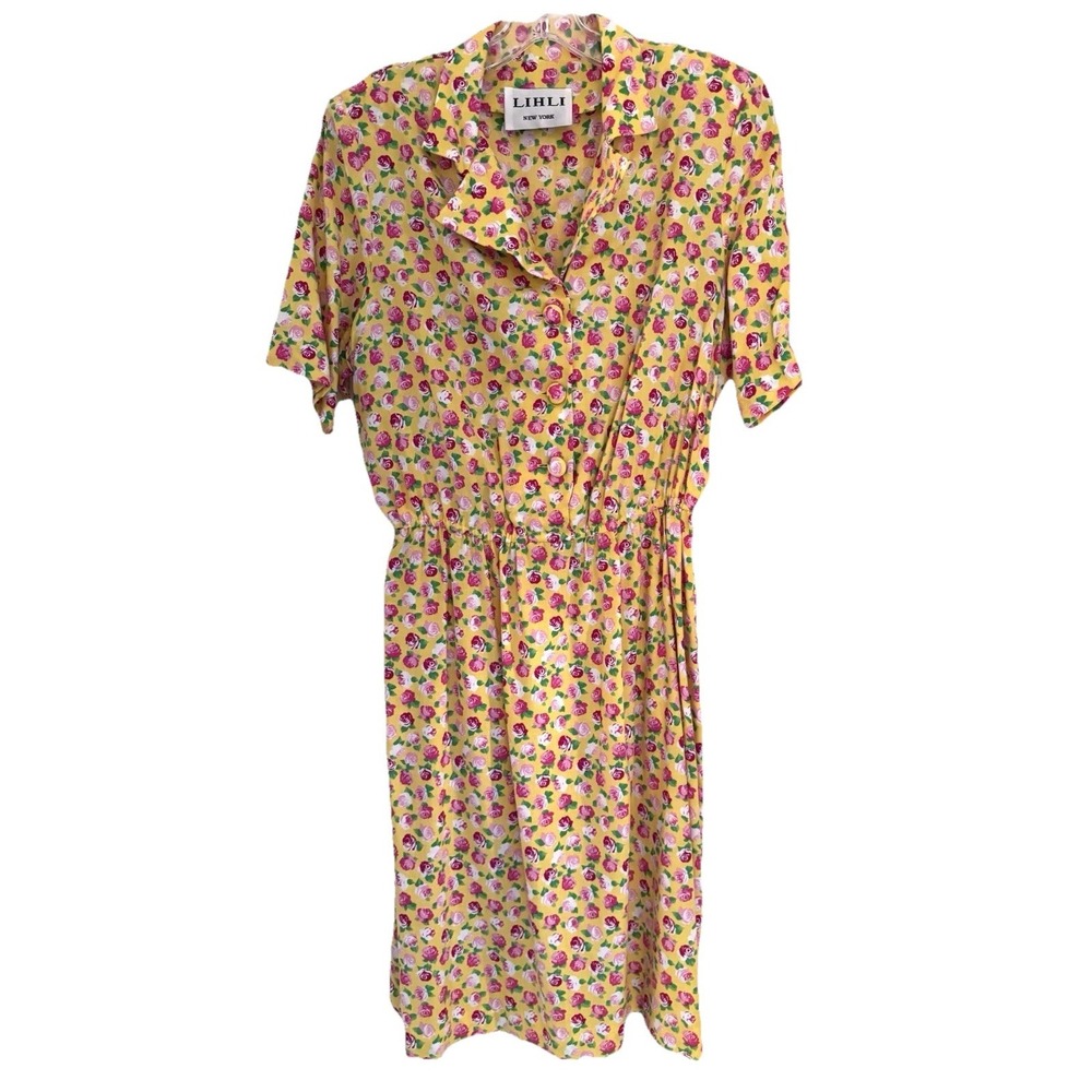 Yellow Floral Dress Button Front Short Sleeve Elastic Waist M Vintage